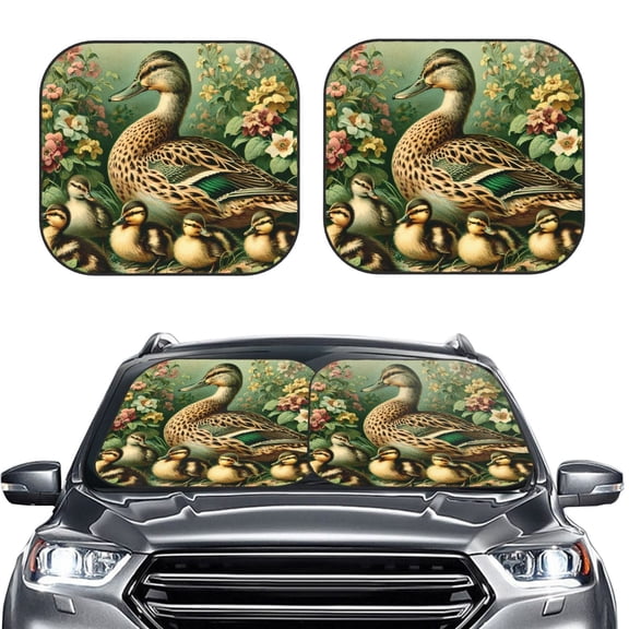 Picia Mallard Duck And Flowers 2 Piece Car Windshield Sun Shade Foldable | Foldable Sun Shield for Front Window Blocks UV Rays and Keeps Your Vehicle Cool-Small