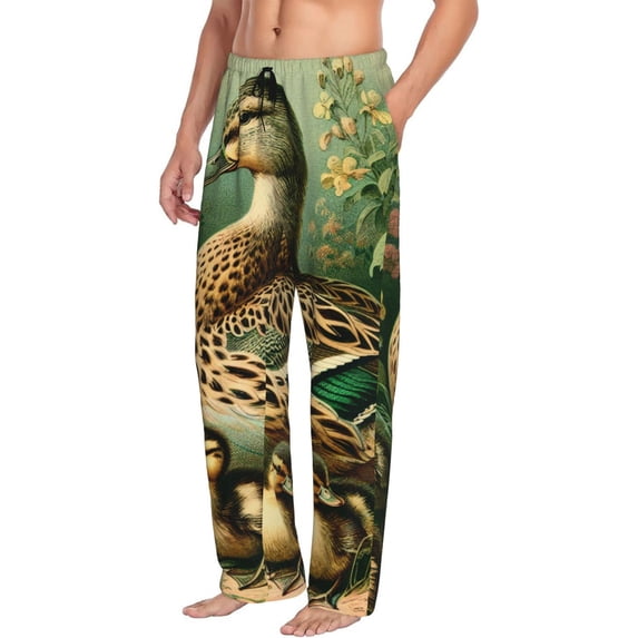 Picia Mallard Duck And Flowers Mens Soft Woven Cotton Elastic Waistband Sleep Pajama Pant Lounge Sleep Pant With Pockets And Drawstring-Medium