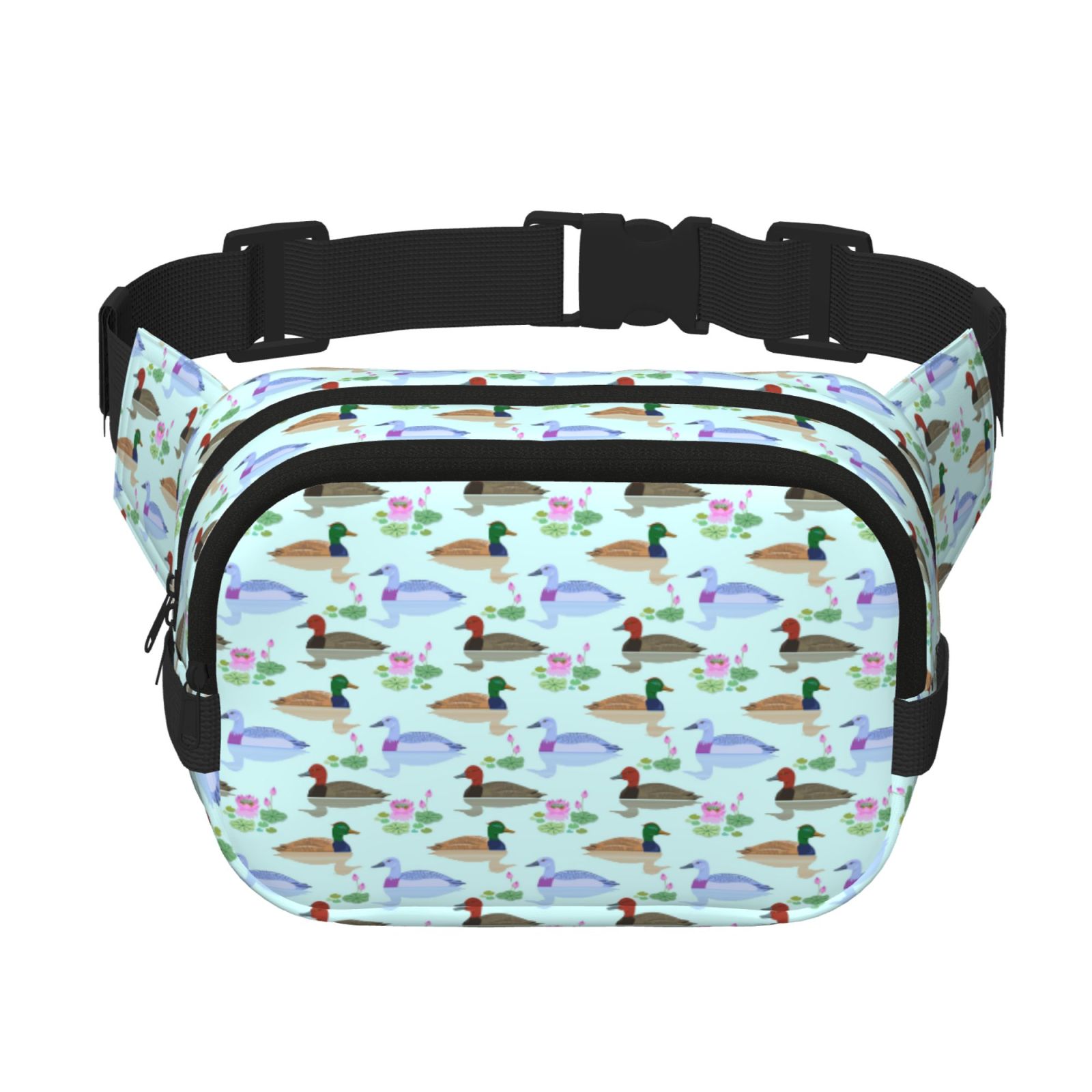 Picia Mallard Duck Of Lotus Flowers Print Square Double-Layer Waist Bag Mini Adjustable Waist Belt Bag Exercise Running Travel Hiking