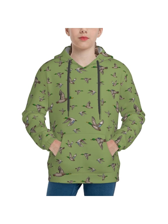 Mallard Duck Pattern Youth Hoodie - Warm Pullover Sweatshirt with Kangaroo Pocket, Ideal for Boys and Girls-X-Large