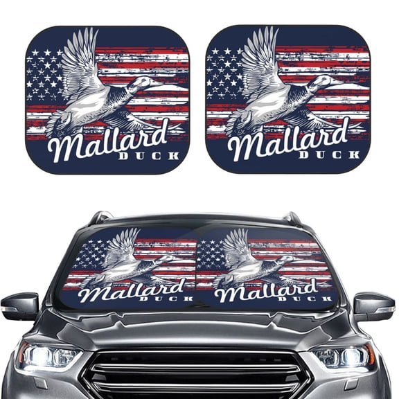 Picia Mallard Duck With American Flag 2 Piece Car Windshield Sun Shade Foldable | Foldable Sun Shield for Front Window Blocks UV Rays and Keeps Your Vehicle Cool-Medium