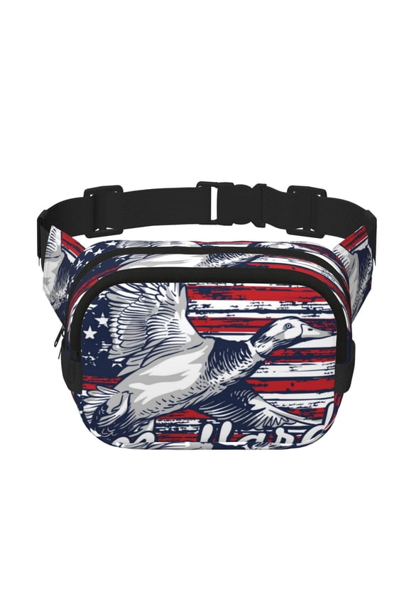 Mallard Duck With American Flag Print Square Double-Layer Waist Bag Mini Adjustable Waist Belt Bag Exercise Running Travel Hiking