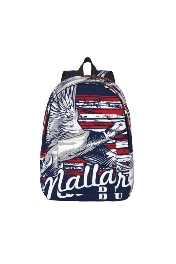 Mallard Duck With American Flag Printed Canvas Daypack - Stylish and Durable Vintage Compact Backpack - Class, Work, Travel, or Laptop Bookbag,Organized Compartments-Small