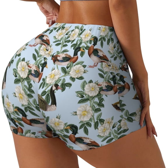Picia Mallard Ducks And Roses Printed Workout Shorts for Women Seamless Scrunch Butt Lifting High Waisted Yoga Gym Booty Running Moisture-wicking Short Pants-Small