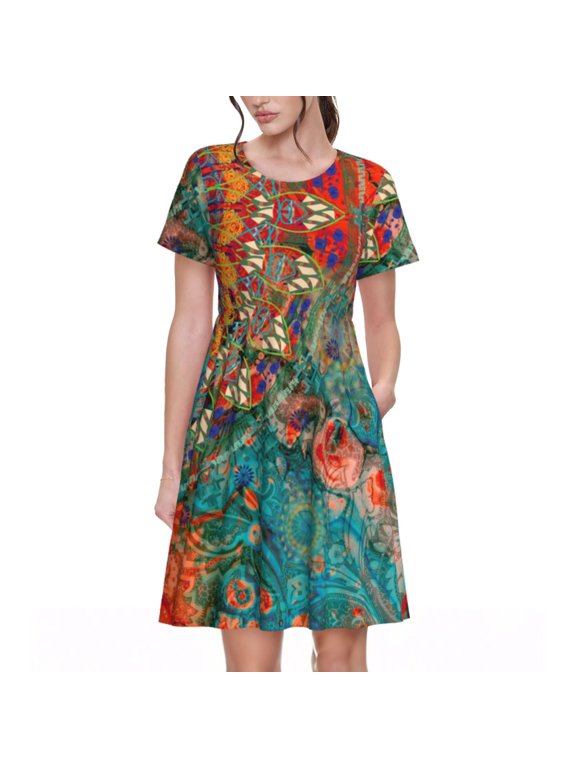 Mandala Colorful Pattern Women's Short Sleeve Summer Dress Pleated Loose Swing Knee Length Short Sleeve Swing Dresses