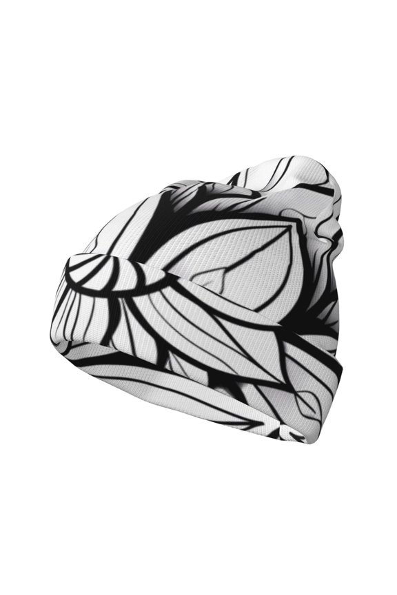 Mandala Floral Line Art Pattern Knitted Beanie Hat for Men and Women , Unisex Winter Warm Stretchy Knit Cap Thick Fisherman Beanies Cuffed Plain Skull Caps