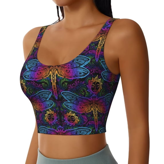 Picia Mandalas Dragonfly Sports Bra for Women,Padded Strappy Sports Bras Medium Support Yoga Bra with Removable Cups,Running Yoga Bra-Small