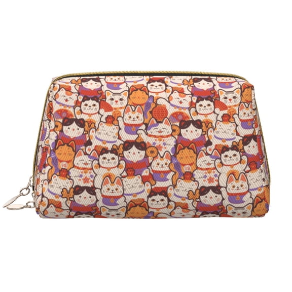 Picia Maneki-Neko Cats Print Leather Makeup Bag Make Up Bag Travel Toiletry Bag for Her Girlfriend Teacher Teen Girl Gifts