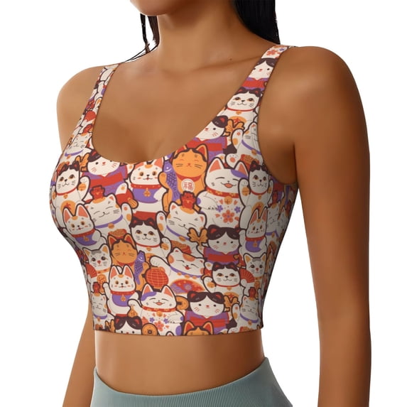 Picia Maneki-Neko Cats Sports Bra for Women,Padded Strappy Sports Bras Medium Support Yoga Bra with Removable Cups,Running Yoga Bra-XX-Large