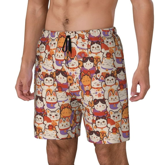 Picia Maneki-Neko Cats pattern Mens Swim Trunks with Compression Liner Stretch Beach Shorts Quick Dry with Zipper Pockets No-Chafing Board Shorts-Medium