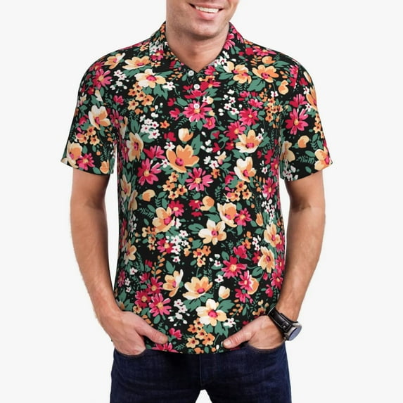 Picia Many Kind Of Flowers Print Men's Polo Shirt, Two-Button Closure Pique Polo Shirt, Summer Fashion Golf Shirt-3X-Large