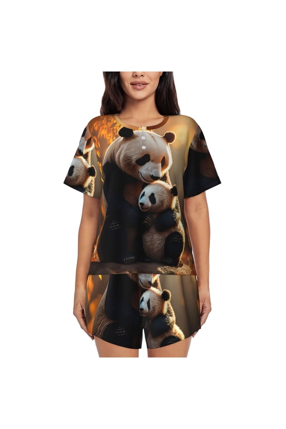 Maple Forest Panda Pajamas Sets for Women Soft Short-Sleeved Pjs with Lounge Shorts Two Piece Sleepwear-Large