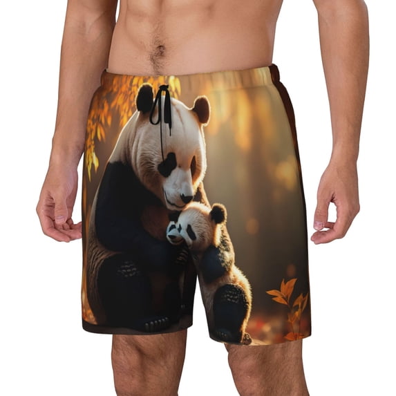 Picia Maple Forest Panda pattern Mens Swim Trunks with Compression Liner Stretch Beach Shorts Quick Dry with Zipper Pockets No-Chafing Board Shorts-Small