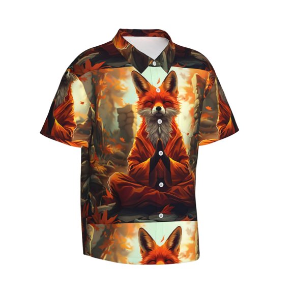 Picia Maple Leaf Meditating Fox Gentle Cotton Regular Fit Short Sleeve Casual Hawaiian Shirt for Men-Medium
