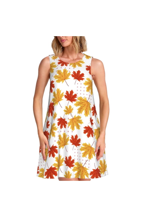 Maple Leaf Print Women’s Sleeveless Midi Swing Dress – A-Line Pleated Tank Sundress, Comfortable and Flowy T-Shirt Dress