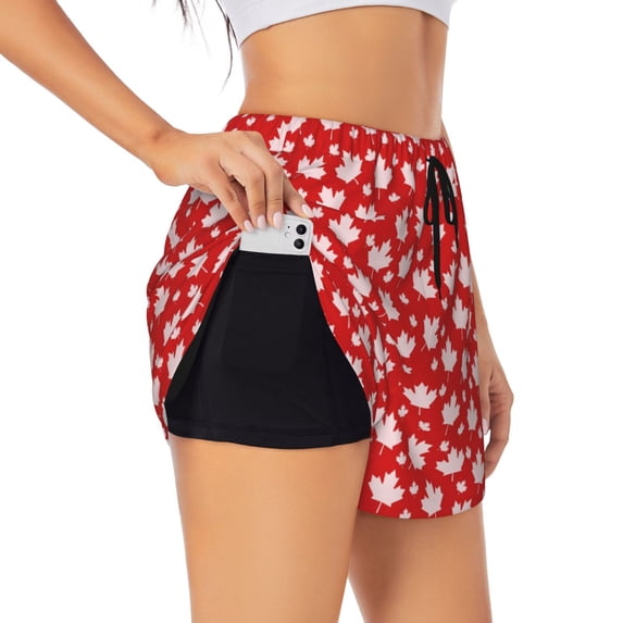 Picia Maple Leaves Pattern Women's 2 in 1 Athletic Running Shorts High Waisted Workout Casual Gym Sweat Shorts with Comfy Liner Zipper Pockets-Large