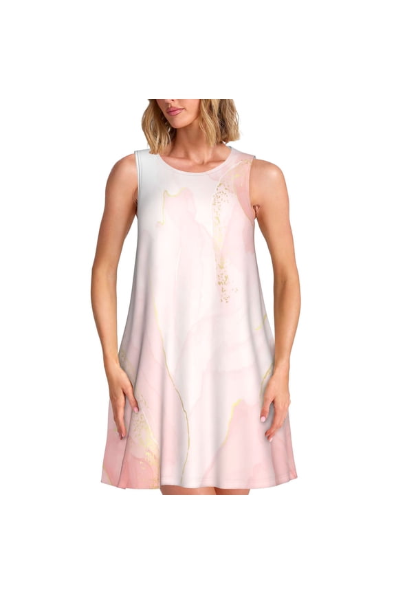 Marble Print Women’s Sleeveless Midi Swing Dress – A-Line Pleated Tank Sundress, Comfortable and Flowy T-Shirt Dress