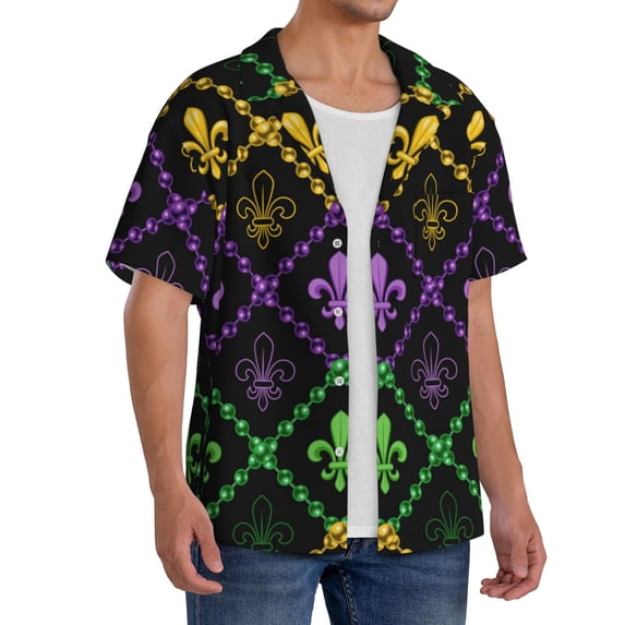 Picia Mardi Gra Geometric Men's Linen Shirts Short Sleeve Cuban Beach Shirts Casual Shirts Button Down Shirt for Men Beach Summer Wedding Shirt-