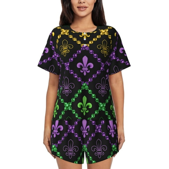 Picia Mardi Gra Geometric Pajamas Sets for Women Soft Short-Sleeved Pjs with Lounge Shorts Two Piece Sleepwear-X-Large