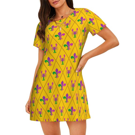 Picia Mardi Gras Crayfish and Fleur de lis Pattern Women’s Nightdress – Casual Short-sleeved Loose-Fit Sleepwear, Soft Cotton Short-Sleeve Sleep Shirt for Relaxation & Comfort