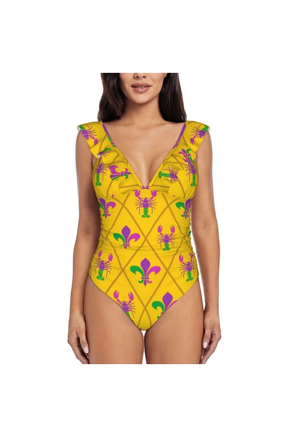Mardi Gras Crayfish and Fleur de lis Blooming Jelly Womens Tummy Control Bathing Suits Slimming Ruffle Swimsuit One Piece Lace Swimwear-