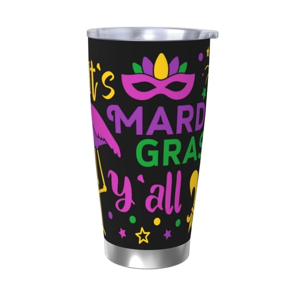 Picia Mardi Gras with Flamingo Pattern 20 oz Tumbler Stainless Steel Vacuum Insulated Coffee Ice Cup Double Wall Travel Flask Dual Lid Water Bottle, Eco-friendly Car Cup-Without Straw