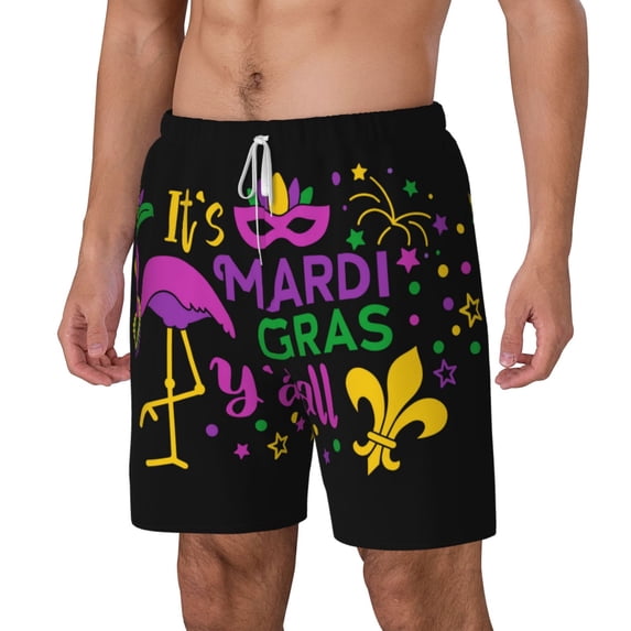 Picia Mardi Gras with Flamingo pattern Mens Swim Trunks with Compression Liner Stretch Beach Shorts Quick Dry with Zipper Pockets No-Chafing Board Shorts-Small