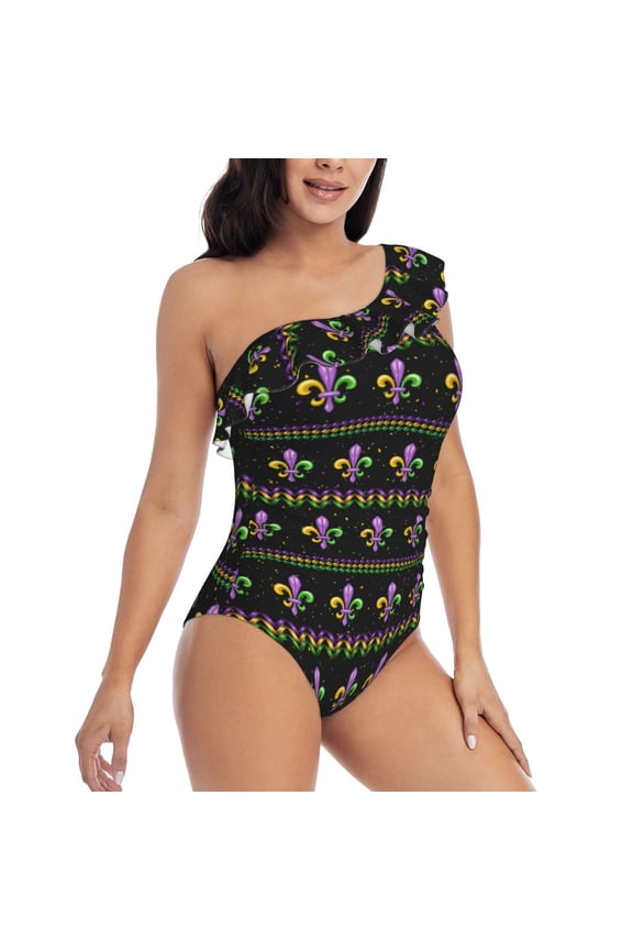 Mardi Gras Fleur de Lis Pattern Women's One Piece Swimsuits,One Shoulder Swimwear Asymmetric ,Ruffle Monokinis Bathing Suits,High Waisted Flattering Bathing Suits-