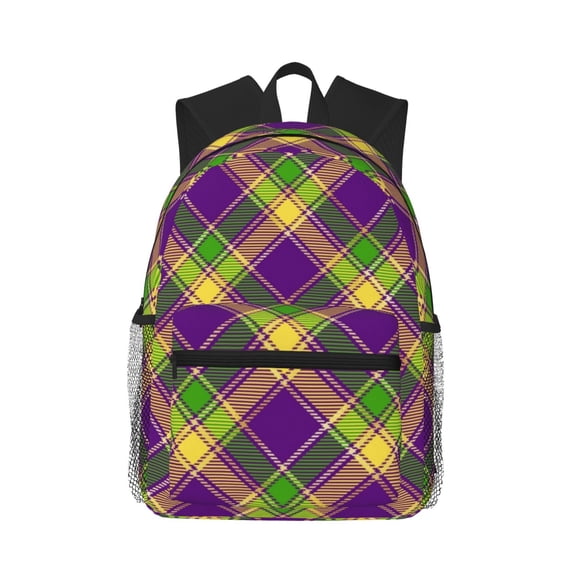 Picia Mardi Gras Plaid Large Capacity Backpack Classic Style Backpack Casual Backpack Water-Resistant School Work Travel Outdoor Backpack