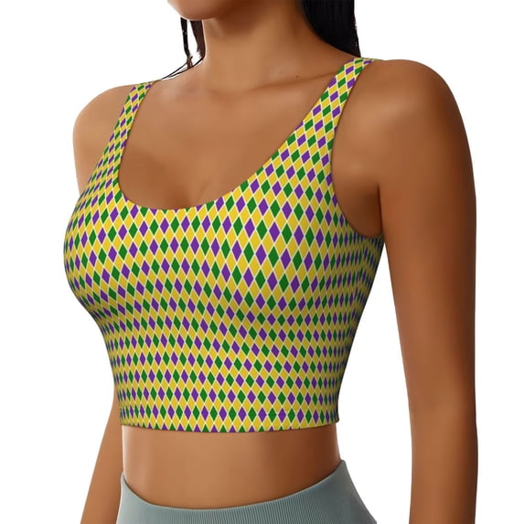 Picia Mardi Gras Purple Yellow Plaid Sports Bra for Women,Padded Strappy Sports Bras Medium Support Yoga Bra with Removable Cups,Running Yoga Bra-Large