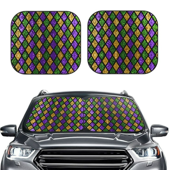 Picia Mardi Gras Shiny Green Purple 2 Piece Car Windshield Sun Shade Foldable | Foldable Sun Shield for Front Window Blocks UV Rays and Keeps Your Vehicle Cool-Large