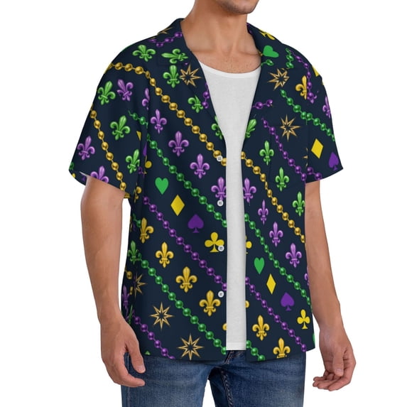 Picia Mardi Gras Strings of Beads Men's Linen Shirts Short Sleeve Cuban Beach Shirts Casual Shirts Button Down Shirt for Men Beach Summer Wedding Shirt-3X-Large