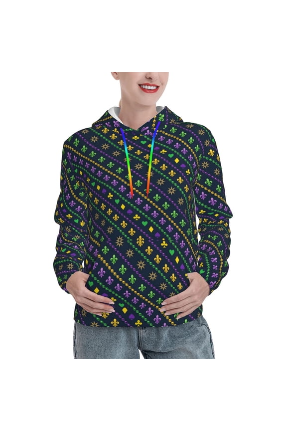 Mardi Gras Strings of Beads Pattern Casual Women's Hoodie, Hooded Sweatshirt with Kangaroo Pocket, Comfortable Pullover with Eye-catching Drawstrings-Large