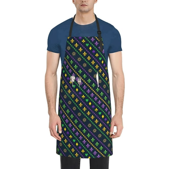 Picia Mardi Gras Strings of Beads Waterproof Apron for Unisex Adult - Adjustable Bib Apron with Pockets, Ideal for Cooking, Gardening, Painting, and Household Chores