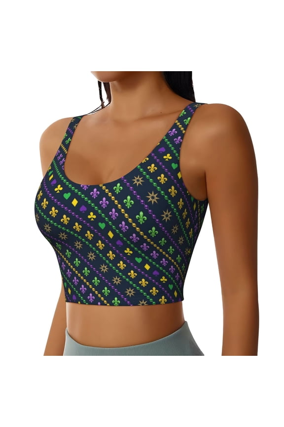 Mardi Gras Strings of Beads Sports Bra for Women,Padded Strappy Sports Bras Medium Support Yoga Bra with Removable Cups,Running Yoga Bra-