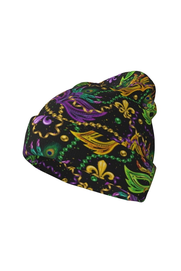 Mardi Gras Surface Pattern Knitted Beanie Hat for Men and Women , Unisex Winter Warm Stretchy Knit Cap Thick Fisherman Beanies Cuffed Plain Skull Caps