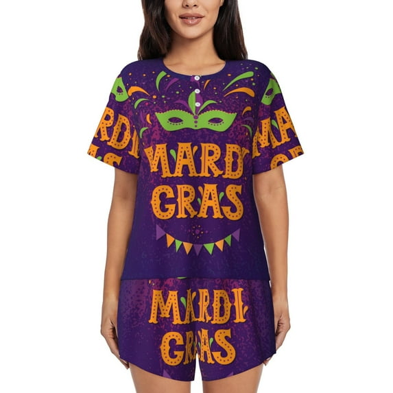 Picia Mardi Gras2 Pajamas Sets for Women Soft Short-Sleeved Pjs with Lounge Shorts Two Piece Sleepwear-Large
