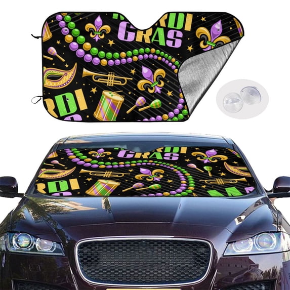 Picia Mardi Gras3 Curved Windshield Sunshade Accordion Folding Style Auto Shade for Car Truck SUV Van Blocks UV Ray Sun Visor Protector -Medium