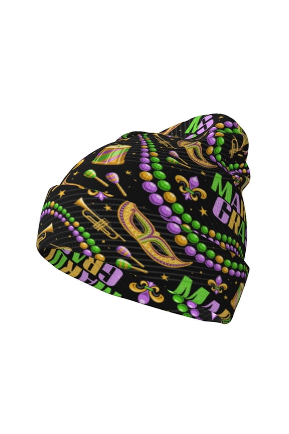 Mardi Gras3 Pattern Knitted Beanie Hat for Men and Women , Unisex Winter Warm Stretchy Knit Cap Thick Fisherman Beanies Cuffed Plain Skull Caps