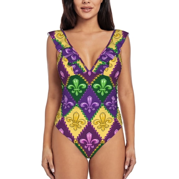 Picia Mardi Gras4 Blooming Jelly Womens Tummy Control Bathing Suits Slimming Ruffle Swimsuit One Piece Lace Swimwear-