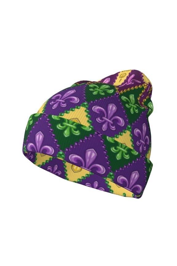 Mardi Gras4 Pattern Knitted Beanie Hat for Men and Women , Unisex Winter Warm Stretchy Knit Cap Thick Fisherman Beanies Cuffed Plain Skull Caps