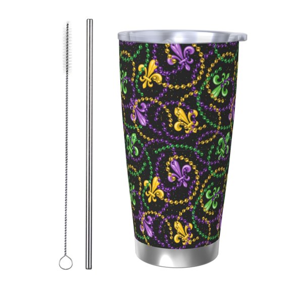 Picia Mardi Gras6 Pattern 20 oz Tumbler Stainless Steel Vacuum Insulated Coffee Ice Cup Double Wall Travel Flask Dual Lid Water Bottle, Eco-friendly Car Cup