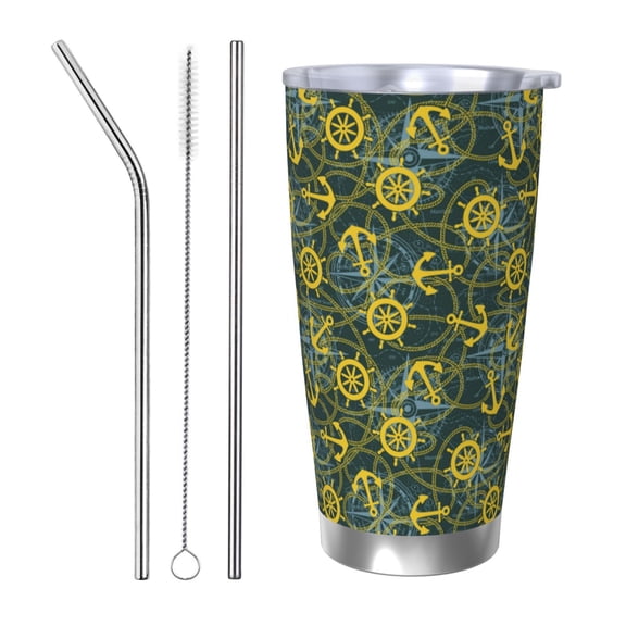 Picia Marine Anchors And Compass Pattern 20 oz Tumbler Stainless Steel Vacuum Insulated Coffee Ice Cup Double Wall Travel Flask Dual Lid Water Bottle, Eco-friendly Car Cup-Straw Three-piece Set