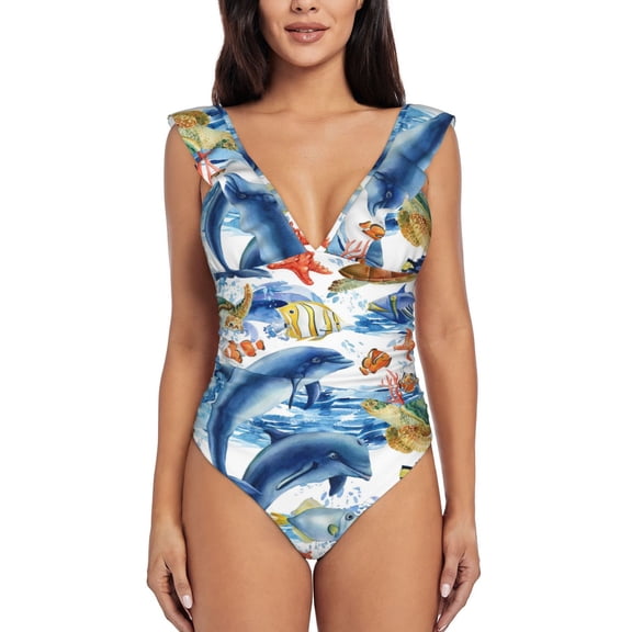 Picia Marine Animals Blooming Jelly Womens Tummy Control Bathing Suits Slimming Ruffle Swimsuit One Piece Lace Swimwear-