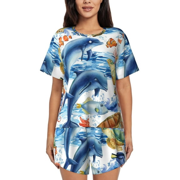 Picia Marine Animals Pajamas Sets for Women Soft Short-Sleeved Pjs with Lounge Shorts Two Piece Sleepwear-Large