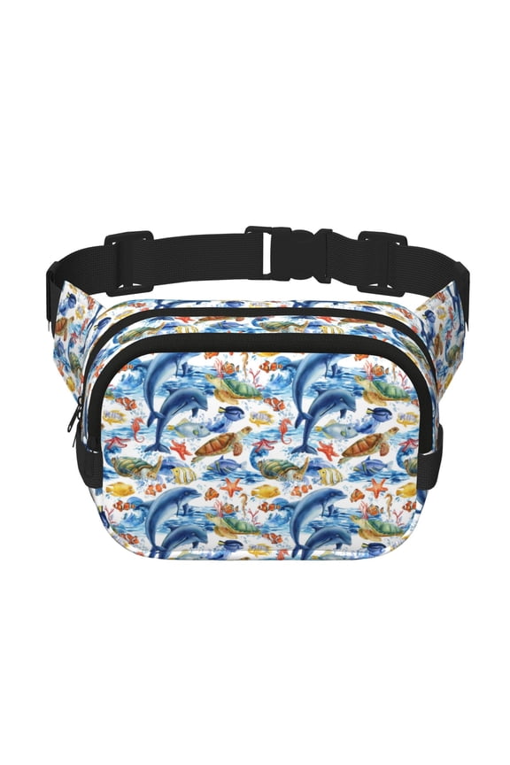 Marine Animals Print Square Double-Layer Waist Bag Mini Adjustable Waist Belt Bag Exercise Running Travel Hiking