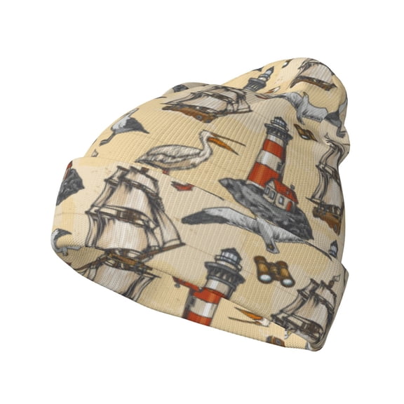 Picia Marine Birds And Coastal Lighthouse Pattern Knitted Beanie Hat for Men and Women , Unisex Winter Warm Stretchy Knit Cap Thick Fisherman Beanies Cuffed Plain Skull Caps