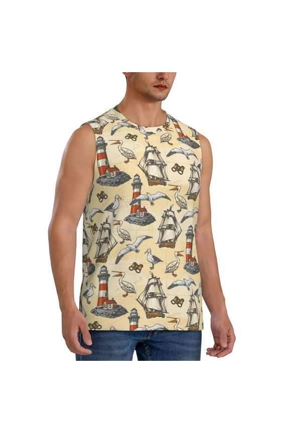 Marine Birds And Coastal Lighthouse mens Cotton Tank Undershirts , Moisture-wicking Ribbed Tanks, Lightweight Cotton Tank Undershirts-