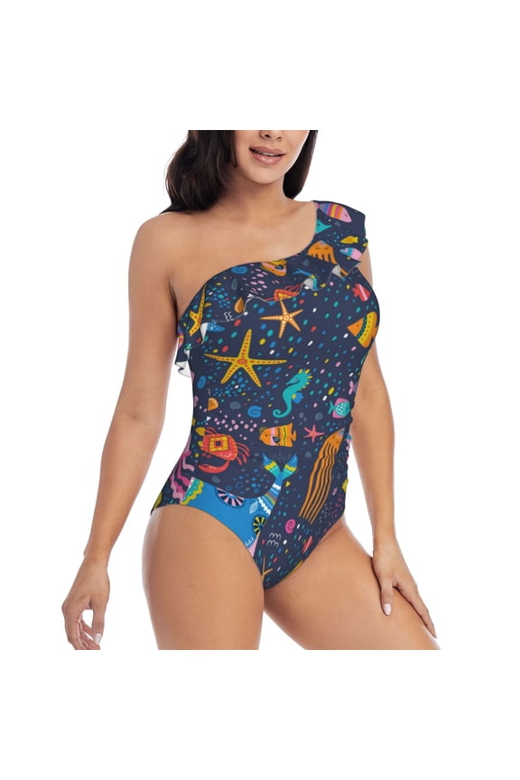 Marine Inhabitants Pattern Women's One Piece Swimsuits,One Shoulder Swimwear Asymmetric ,Ruffle Monokinis Bathing Suits,High Waisted Flattering Bathing Suits-Small