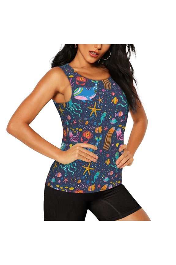 Marine Inhabitants Pattern Women's Workout Tank Top,Breathable Activewear,Slim Fit Athletic Top,Versatile Workout Moisture-wicking top-Large